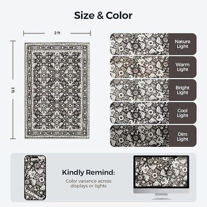 WITSHOCK Washable 2x3 Entryway Area Rug: Soft Non-Slip Backing Washable Rugs Vintage Flower Boho Accent Small Rugs for Bedroom, Kitchen, Bathroom, Nursery Entrance,Black