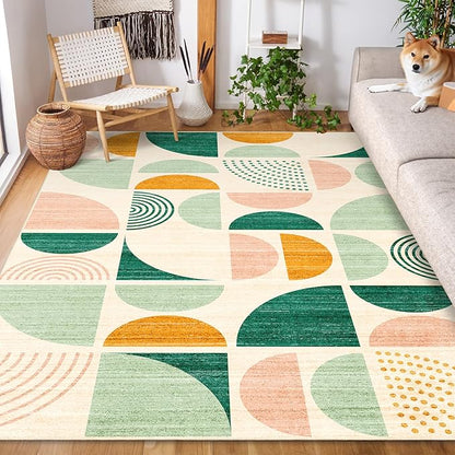 MUJOO Green Rug Boho Washable,5x7 Area Rugs for Living Room Bedroom,Large Throw Floor Carpet Non Slip Soft Modern Abstract Sage Green