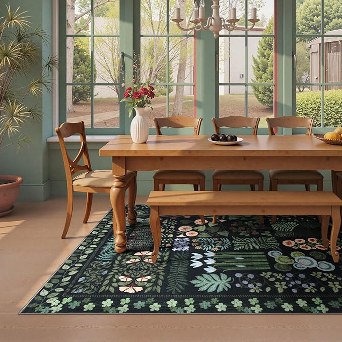 Floral Boho 5x7 Area Rugs for Living Room, Botanical Black Washable Bedroom Rug Non Slip, Large Soft Indoor Throw Carpet for Entryway Kitchen Dining Room Office (Black,5 x 7)