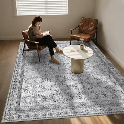 6x9 Washable Area Rug Non Slip, Faded Grey Living Room Rugs Low Pile, Thin Vintage Floral Carpets, Indoor Large Distressed Print Carpet for Bedroom Dining Room Farmhouse Home Office College Dorm