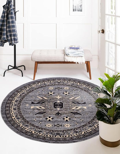 Unique Loom Taftan Collection Border Geometric Tribal Inspired Design Area Rug (8' 0 x 8' 0 Round, Gray/ Black)