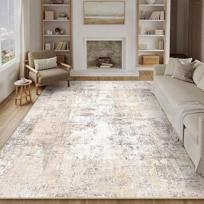 10x12 Area Rug Beige Grey Abstract Living Room Bedroom Washable Carpet Neutral Modern Non Slip Soft Low Pile Indoor Large Throw Rug for Dining Room Office