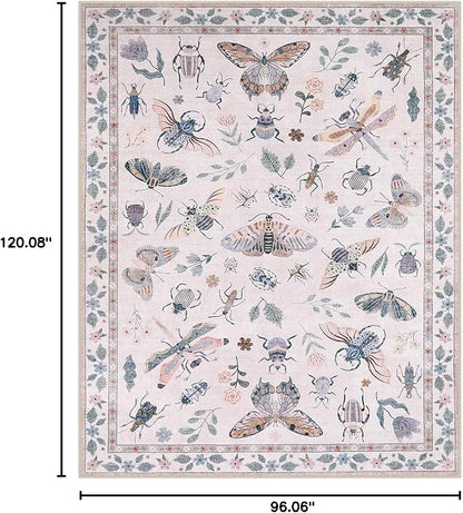 Lahome Insect Print Washable Rugs 8x10, Soft 8x10 Rugs for Living Room Dining Room Ultra-Thin, Non-Slip Modern Bedroom Rug Large Carpet Non-Shedding Accent Rug for Office Classroom(8x10ft,Pink)