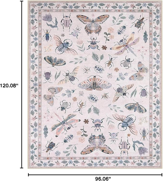 Lahome Insect Print Washable Rugs 8x10, Soft 8x10 Rugs for Living Room Dining Room Ultra-Thin, Non-Slip Modern Bedroom Rug Large Carpet Non-Shedding Accent Rug for Office Classroom(8x10ft,Pink)