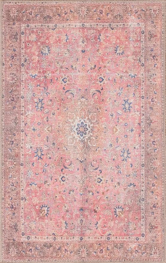 GLN Rugs Traditional Collection - Machine Washable Area Rug, Traditional Washable, Non Slip, Low Pile Chenille Rug, Living Room, Bedroom, Kitchen Rug (4' x 6' Pink/Cream)