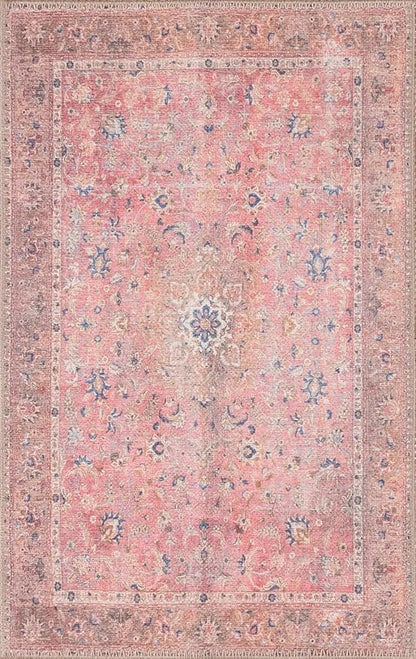 GLN Rugs Traditional Collection - Machine Washable Area Rug, Traditional Washable, Non Slip, Low Pile Chenille Rug, Living Room, Bedroom, Kitchen Rug (4' x 6' Pink/Cream)