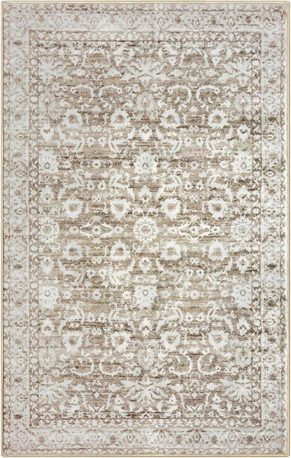 Vintage Floral 3x5 Rug, Beige Tan White Entryway Rug Neutral Small Area Rug Washable Non-Slip Throw Rug, Thin Printed Faux Wool Kitchen Rugs Super Soft Capet for Entrance Bedroom Office