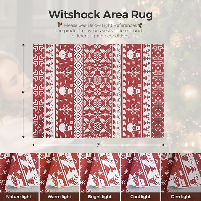 WITSHOCK Christmas Area Rugs for Living Room: 5x7 Stain Resistant Non-Slip Washable Red Snowflake Christmas Carpet, Soft Dining Room Bedroom Rugs, Indoor Decor for Home, Holiday