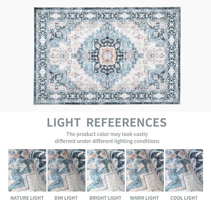 Washable 8×10 Area Rug for Living Room, Vintage Floral Rug Soft Non Slip Stain Resistant Boho Carpet for Indoor Bedroom Dinning Room Home Office Blue/Ivory