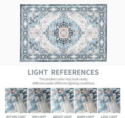 Washable 8×10 Area Rug for Living Room, Vintage Floral Rug Soft Non Slip Stain Resistant Boho Carpet for Indoor Bedroom Dinning Room Home Office Blue/Ivory
