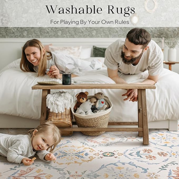 Phantoscope Washable Area Rug 9'x12' Non-Slip, Vintage Floral Boho Rugs for Living Room, Bedroom, DiningRoom, Soft Botanical Moroccan Pattern, Low-Pile Foldable Floor Carpet, Ivory Pink/Boho Garden