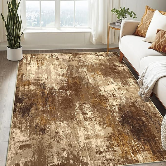 Washable Area Rugs 5'x7' Non-Slip Modern Abstract Soft for Living Room Entryway Bedroom Nursery, Print Pattern, Brown Tan Beige Coffee
