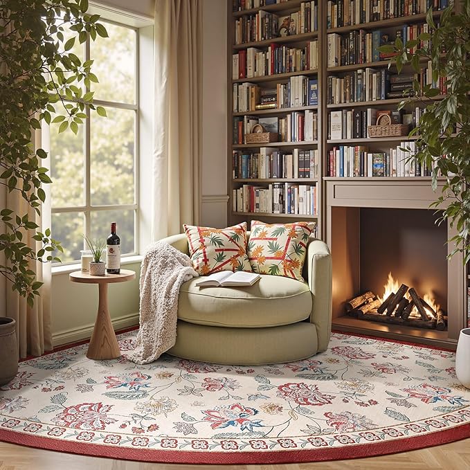 jinchan Elora Floral Corner Rug for Living Room Washable Bedroom Rug Vintage Romance Design Non Slip Quarter Circle Lightweight Low-Pile Throw Carpet for Reading Nook Playroom,8ft Radius, Red/Beige