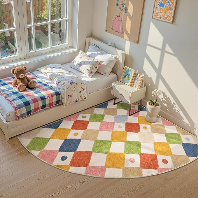 jinchan Macy Kids Rug for Nursery 6ft Radius Corner Washable Area Rug Modern Colorful Quarter Circle Rug Soft Non-Slip Carpet for Bedroom Playroom Daycare Reading Nook Classroom Circus on Cream