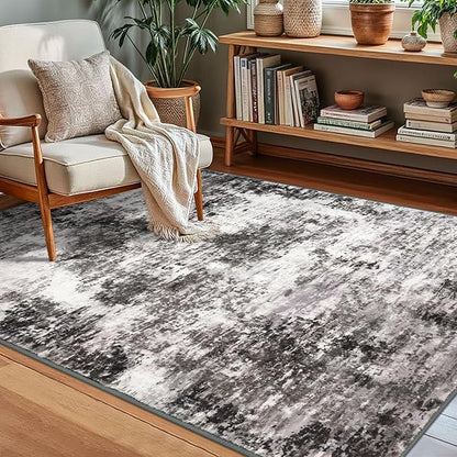 Modern Abstract Small Area Rug Indoor 3x5 Washable Rug Non-Slip Soft Black Grey Entryway Rug Kitchen Mats Thin Print Faux Wool Floor Carpet Throw Rugs for Entrance Bedroom Home Decor