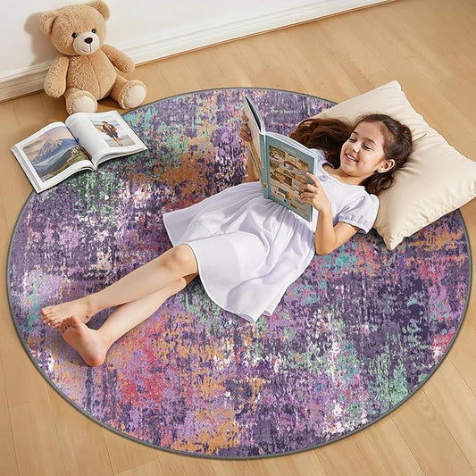 Washable Area Rugs 4ft Non-Slip Modern Abstract Soft for Living Room Entryway Bedroom Nursery, Print Pattern, Purple Orange Blue Green Rust Red Colorful