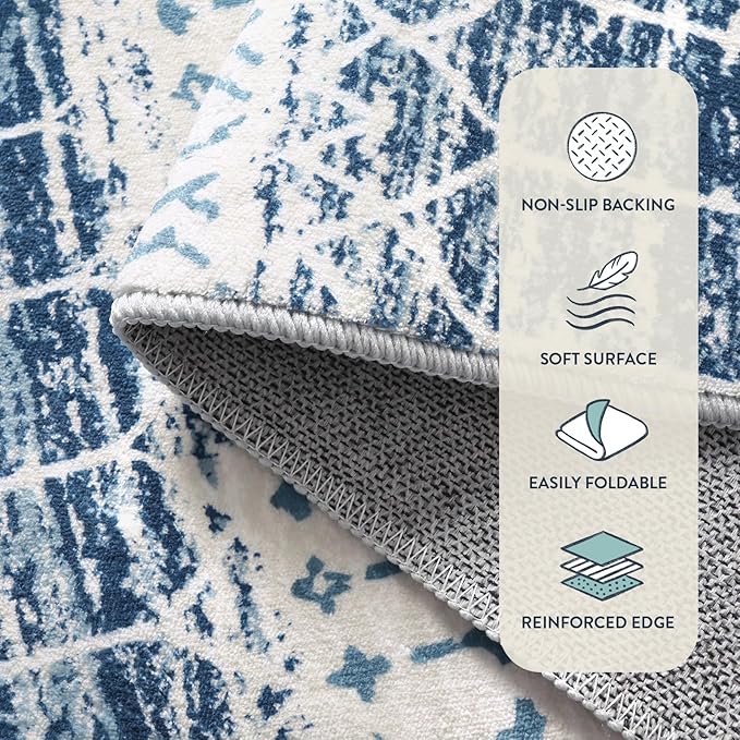 Lahome Runner Rug 2x8 Hallway Rug Runner Washable Non-Slip Kitchen Carpet Untra- Thin Throw Blue Mat, Moroccan Geometric Print Indoor Floor Mat for Entryway Laundry Bedroom