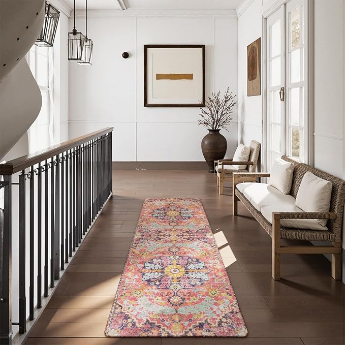 Lahome Bohemian Washable Runner Rugs with Rubber Backing, 2x7 Runners for Hallways, Vintage Floral Soft Non Slip Non-Shedding Faux Wool Stair Carpet Runner for Bathroom Kitchen Laundry, Fuchsia/Multi