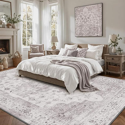 LUMI Washable 5x8 Area Rug for Living Room, Ultra Soft Vintage Rug with TPE Non Slip Backing, Stain Resistant, Low Profile Carpet High Traffic for Bedroom, Dining Room
