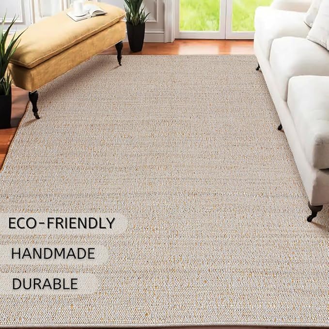 Hand Woven Jute Cotton Area Rug 5'x8' ft Rectangle Natural Farmhouse Rug for Living Room, Bedroom Kitchen - Rustic Vintage Bohemian Eco-Friendly Carpet Home Décor 60"x96" Natural