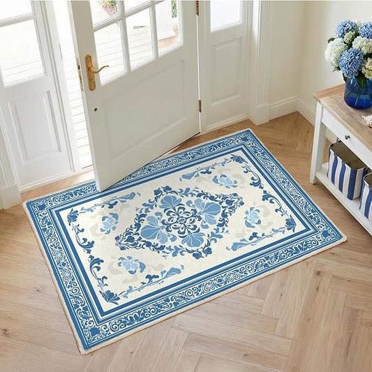 SOULFUL Medium Pile 2x3 Entryway Rug - Soft Foot Feel Small Area Rug - Blue Boho Floral - Washable Non-Slip - Perfect for Hallway Kitchen Bedroom Bathroom Indoor Entrance