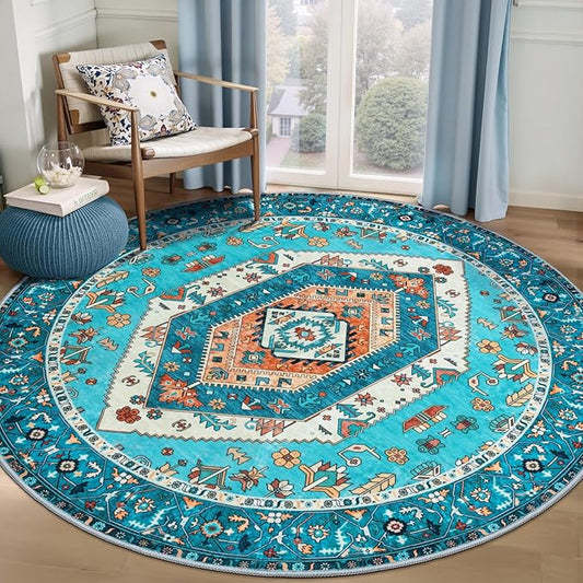 SERISSA Boho Round Area Rug, 6ft Washable Non-Slip Circle Rug, Ultra Soft Oriental Vintage Blue Low-Pile Circular Carpet for Bedroom Entryway Kids Room Office College Dorm Living Room