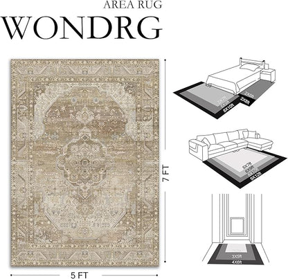 4x6 Washable Vintage Area Rug for Living Room Bedroom Non Slip Distressed Traditional Soft Throw Rug Beige Brown Low Pile Lightweight Floral Carpet Laundry Dining Room Kitchen Office Beside Bed