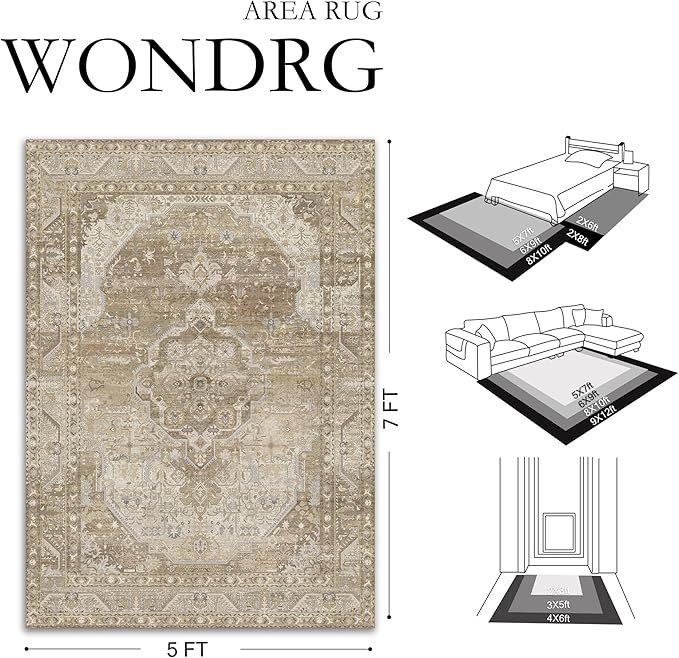 2x6 Washable Vintage Runner Rug for Living Room Bedroom Non Slip Distressed Traditional Soft Runner Rug Beige Brown Low Pile Lightweight Floral Runner Kitchen Hallway Entrance