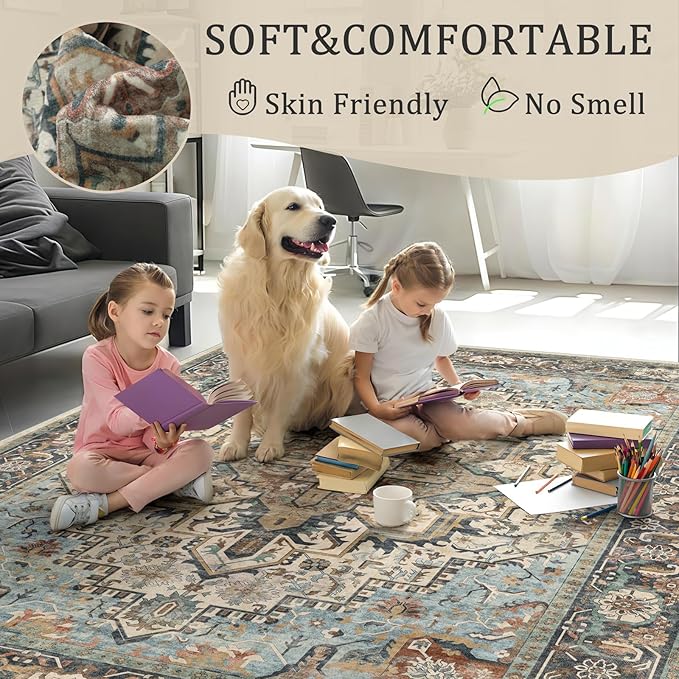 8x10 Machine Washable Area Rug for Living Room, Blue Beige Boho Vintage Floral Rug Large Non-Slip Low Pile Soft Faux Wool Carpet, Kids and Pets Friendly for Bedroom Dining Room Farmhouse Decor Rug