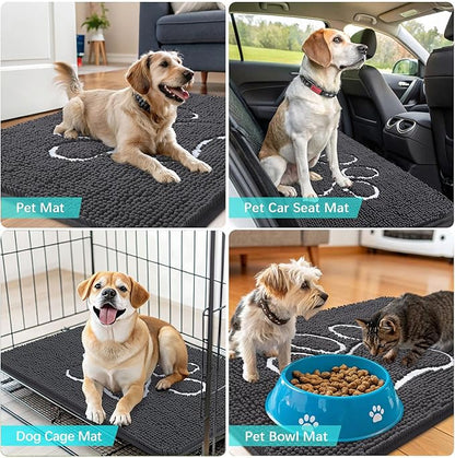 OLANLY Dog Door Mat for Muddy Paws 48x30, Paw Print Design, Absorbs Moisture and Dirt, Absorbent Non-Slip Washable Doormat, Quick Dry Chenille Mud Mat for Dogs, Entry Indoor Entryway Carpet, Dark Grey