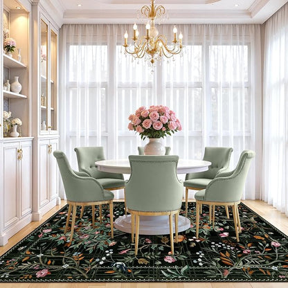 Morebes Black Boho 8x10 Area Rugs for Living Room, Washable Large Floral Rug Non Slip, Soft Flower Birds Low-Pile Floor Indoor Carpet for Bedroom Dining Room Dorm Playroom Nursery