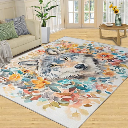 5x7 Wolf Rugs for Bedroom - Watercolor Florals Print Rug, Animals Rug Non Slip Soft Rugs for Living Room Hardwood Floors Teen Room