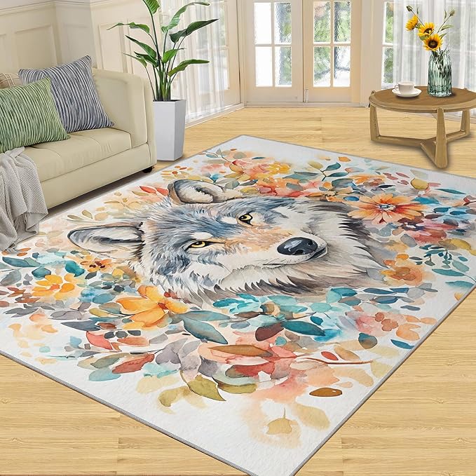 6x9 Wolf Living Room Rug - Watercolor Florals Bedroom Carpet, Animals Classroom Rug for Carpet Boy Bedroom Office Nursery Hardwood Home Decor