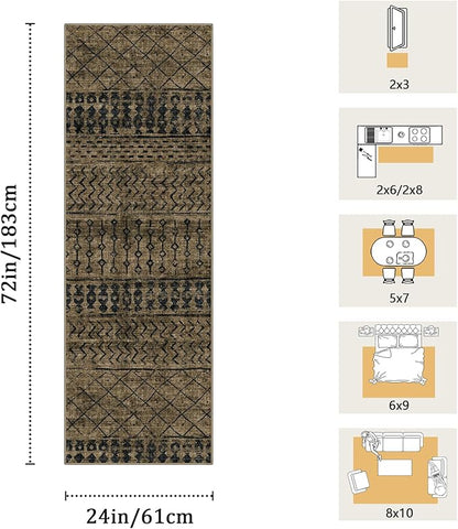 2x6 Machine Washable Runner Rug, Kitchen Hallway Area Rug, Brown Black Vintage Moroccan Rug Ultra Non-Slip Low Pile Soft Faux Wool Carpet, Kids and Pets Friendly for Bedroom Entryway Bedside Decor Rug