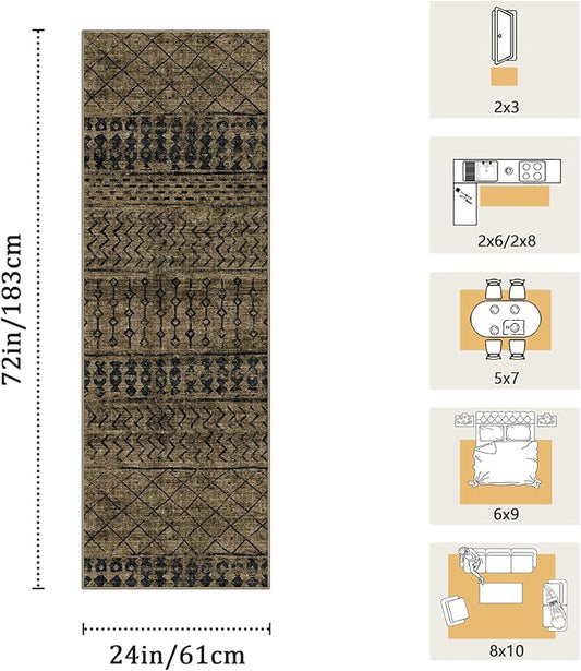 2x6 Machine Washable Runner Rug, Kitchen Hallway Area Rug, Brown Black Vintage Moroccan Rug Ultra Non-Slip Low Pile Soft Faux Wool Carpet, Kids and Pets Friendly for Bedroom Entryway Bedside Decor Rug