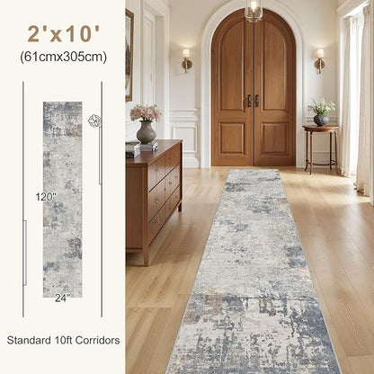 2X10 Washable Runner Rug for Hallway: Soft Neutral Modern Abstract Area Rug - Non-Slip Low Pile Long Throw Indoor Carpet for Kitchen Entryway Kitchen Bedroom Laundry - Blue Grey
