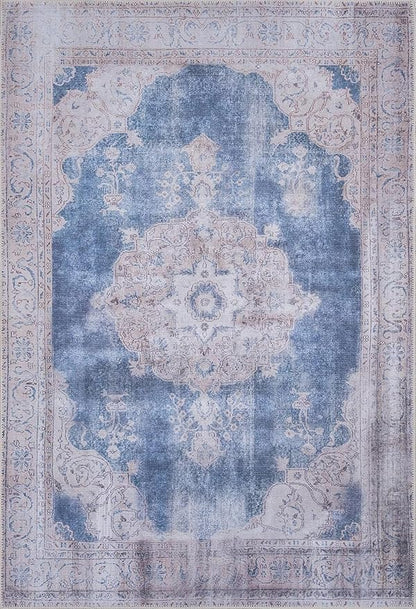 GLN Rugs Traditional Collection - Machine Washable Area Rug, Traditional Washable, Non Slip, Low Pile Chenille Rug, Living Room, Bedroom, Kitchen Rug (5' x 7' Cream/Navy)