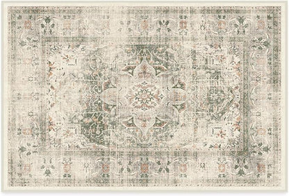 RUGGABLE Washable Vintage Area Rug – Sarrah Sage 2x3, Stain-Resistant, Non-Slip – Small Machine Washable Rugs for Living Room, Bedroom, Hallway, Entryway & Bathroom–with Cushioned Pad