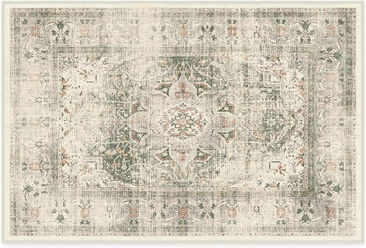 RUGGABLE Washable Vintage Area Rug – Sarrah Sage 2x3, Stain-Resistant, Non-Slip – Small Machine Washable Rugs for Living Room, Bedroom, Hallway, Entryway & Bathroom–with Cushioned Pad