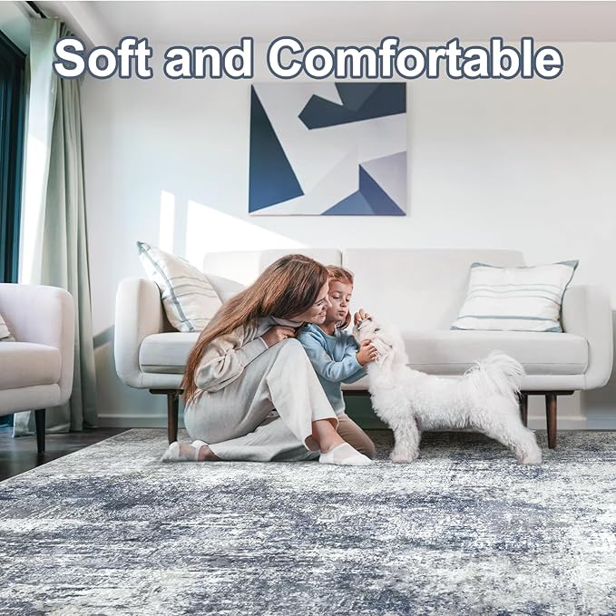 Washable Area Rugs for Living Room 9x12 - Large Neutral Modern Abstract Rug, Soft Low Pile Carpet with Non Slip Backing for Under Dining Room Table, Bedroom, Home, Office, Dorm - Indigo Gray