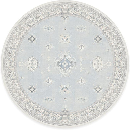RUGGABLE Washable Vintage Area Rug – Verena Soft Blue 8 ft Round, Stain-Resistant, Non-Slip – Large Machine Washable Rugs for Living Room, Bedroom, Hallway, Entryway & Office–with Standard Pad