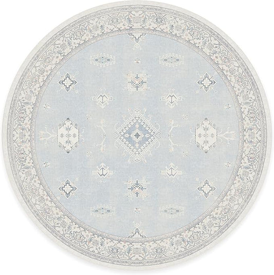 RUGGABLE Washable Vintage Area Rug – Verena Soft Blue 8 ft Round, Stain-Resistant, Non-Slip – Large Machine Washable Rugs for Living Room, Bedroom, Hallway, Entryway & Office–with Standard Pad