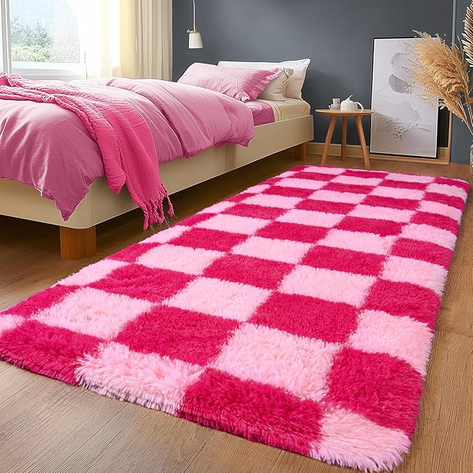 Fluffy Area Rugs for Living Room, Soft Shaggy Carpets for Living Room, Upgrade Anti-Slip Fuzzy Rugs for Kids' Room, Perfect Decor for Modern Home Hot Pink Grid 2x6 Feet