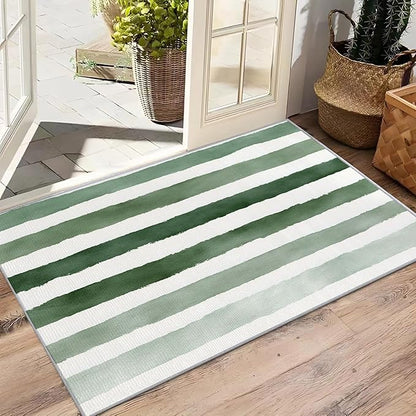 Striped Rug for Entryway Indoor - 3x4ft - Green and White Stripe Minimalist Watercolor Washable Non Slip Low Pile Small Rug for Bedroom, Striped Carpets Room Decor & Gifts