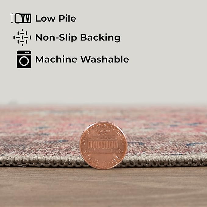 GLN Rugs Traditional Collection - Machine Washable Area Rug, Traditional Washable, Non Slip, Low Pile Chenille Rug, Living Room, Bedroom, Kitchen Rug (5' x 7' Pink/Cream)