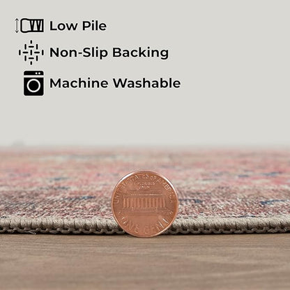 GLN Rugs Traditional Collection - Machine Washable Area Rug, Traditional Washable, Non Slip, Low Pile Chenille Rug, Living Room, Bedroom, Kitchen Rug (5'3" Round Pink/Cream)