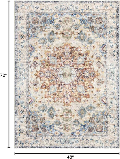 Area Rug 4×6, Vintage Boho Rug,Ultra-Soft Low Pile, Washable, Non Slip,Stain Resistant Printed Carpet for Living Room Bedrooms Playroom Office Kitchen, Blue/Red