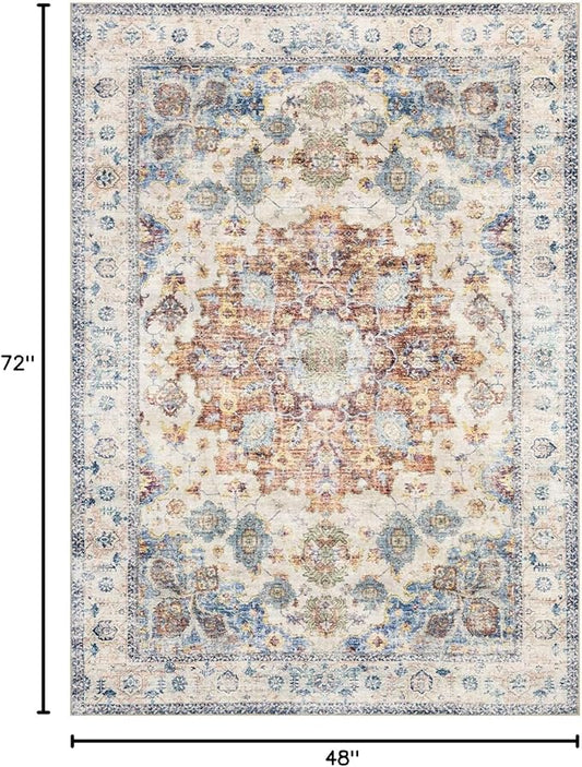 Area Rug 4×6, Vintage Boho Rug,Ultra-Soft Low Pile, Washable, Non Slip,Stain Resistant Printed Carpet for Living Room Bedrooms Playroom Office Kitchen, Blue/Red