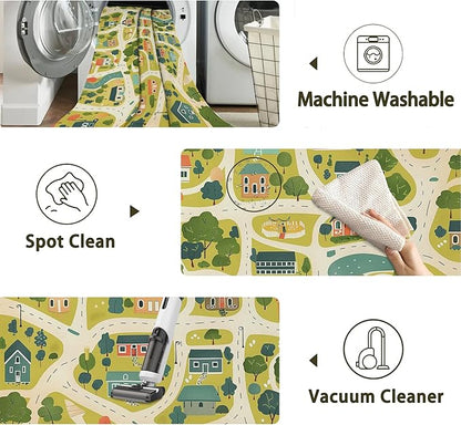 Cute Map Cars Washable 3x5 Area Rugs for Living Room, Thin Low Pile Contemporary Carpet, Non-Slip Base Lightweight Rug