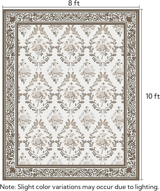 SOULFUL Medium Pile 8x10 Rugs for Living Room - Soft Underfoot Large Area Rug - Brown Boho Floral - Washable Non-Slip - Perfect for Bedroom Kids Room Under Dining Table Office